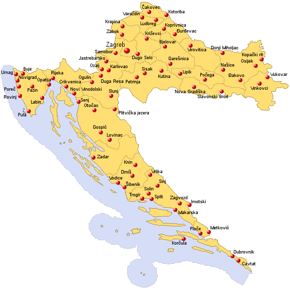 mapa Chorvátska mesta