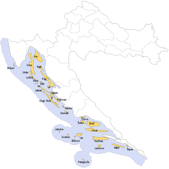 mapa Chorvátsko ostrovy